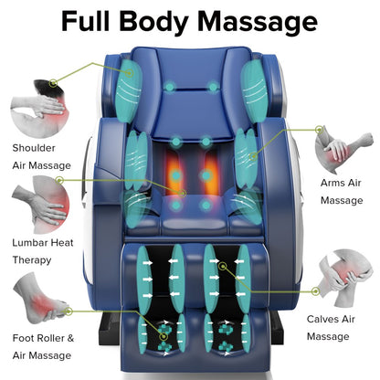 Real Relax Massage Chair, Full Body Recliner with Zero Gravity Chair, Air Pressure, Bluetooth, Heat and Foot Roller Included, Blue