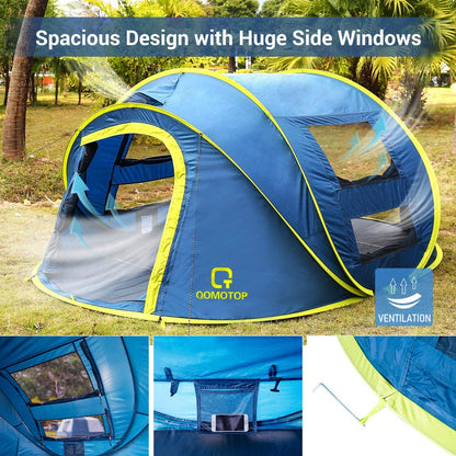 QOMOTOP Instant Tent 4-Person Camp Tent, Automatic Setup Pop Up Tent, Waterproof, Huge Side Screen Windows, Blue