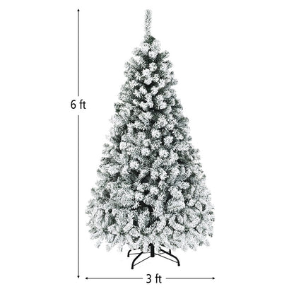 Gymax 6 FT Pre-Lit Christmas Tree Snow Flocked Hinged Pine Tree w/ Metal Stand