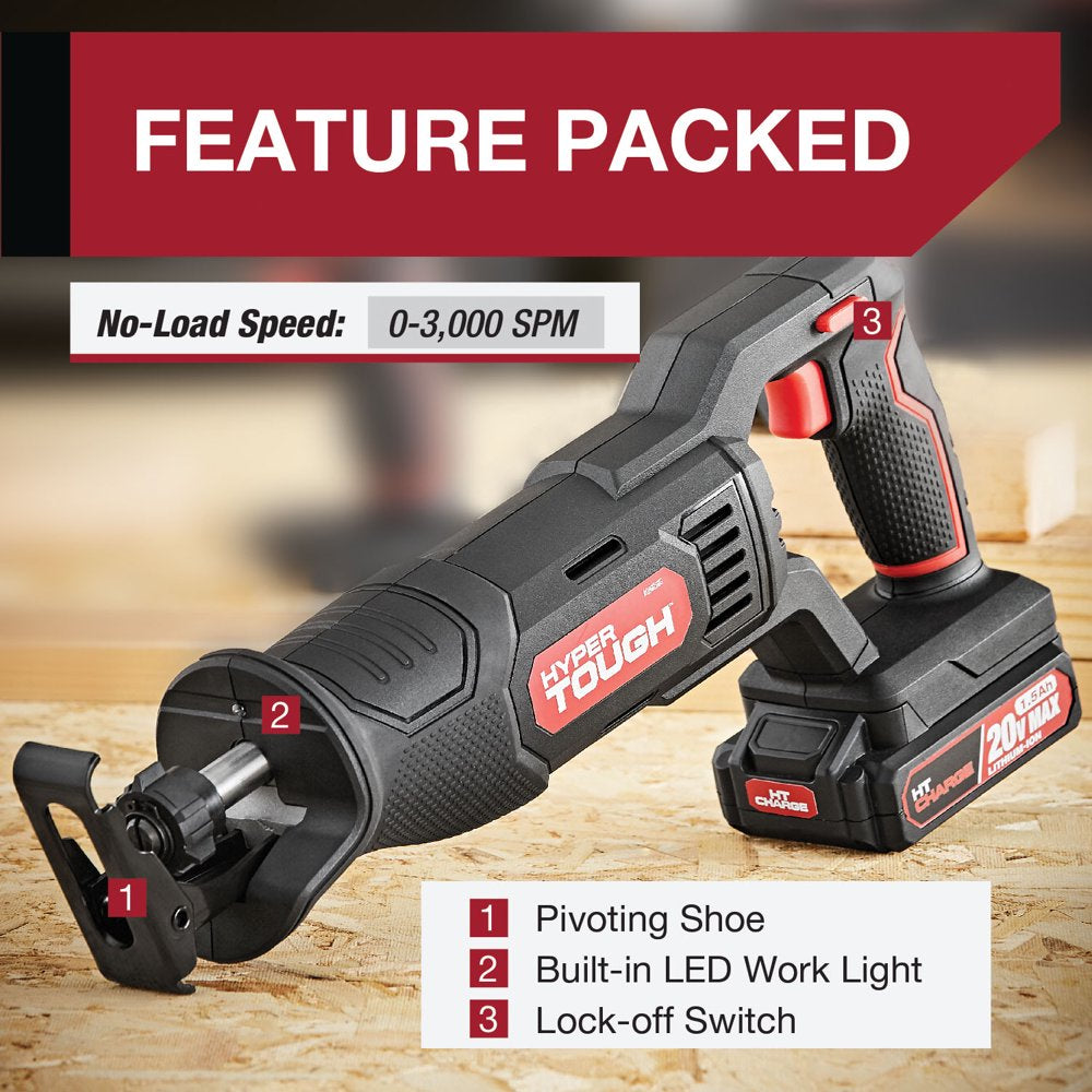 20V Max Lithium-ion Cordless Reciprocating Saw, Variable Speed, Keyless Blade Change, with 1.5Ah Lithium-Ion Battery and Charger, Wood Blade and LED Light