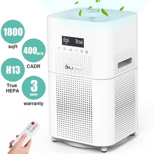 DR.J Professional Air Purifier for Home Large Room, 1800 Sq. Ft, H13 True HEPA Filter, 4-Stage Auto Mode 12H Timer