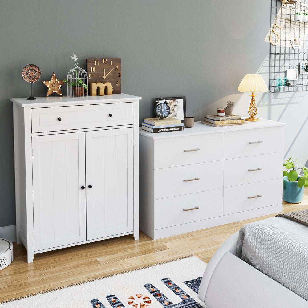 Homfa 6 Drawer White Double Dresser, Wood Storage Cabinet with Easy Pull Out Handles for Living Room, Chest of Drawers for Bedroom