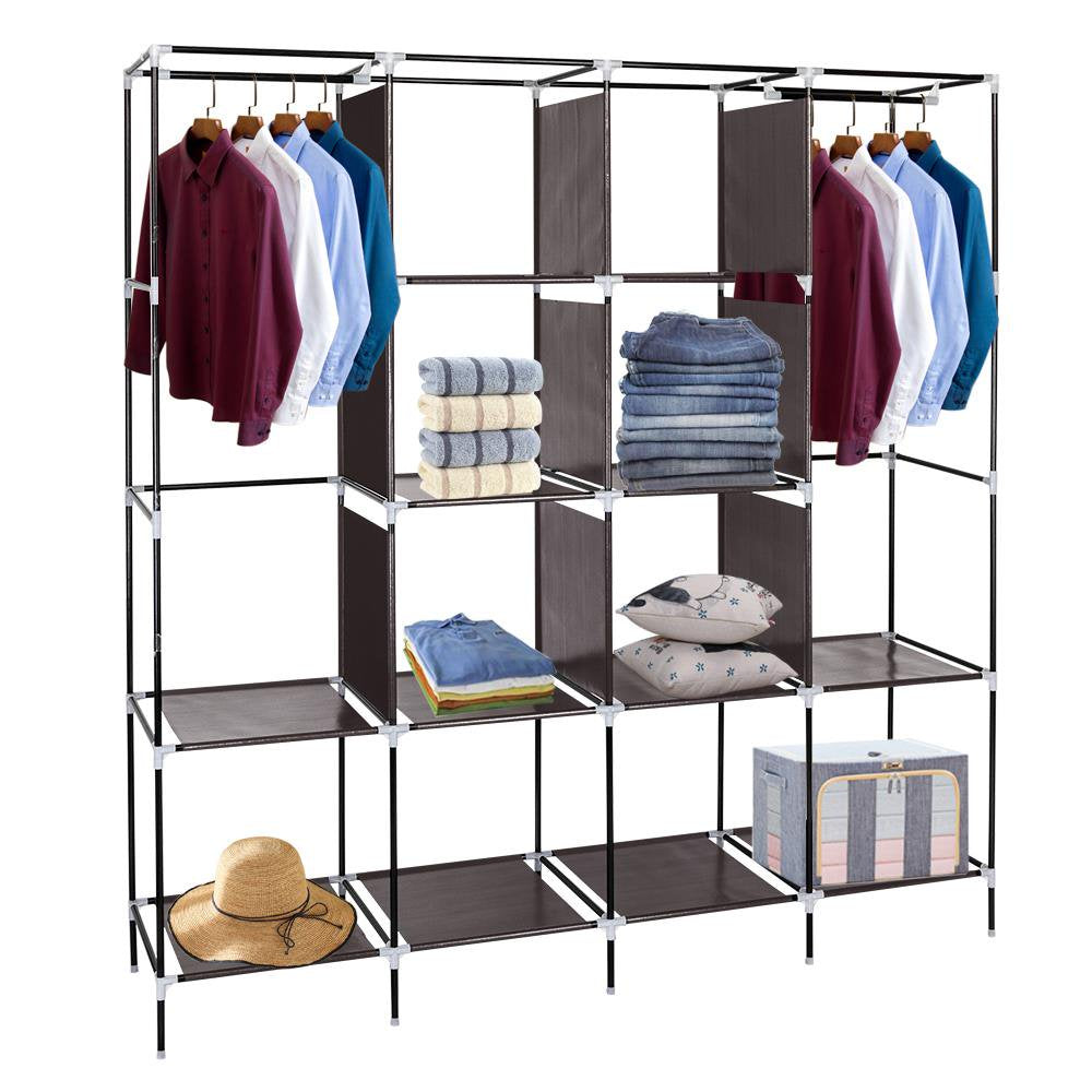 67" Clothes Closet Portable Wardrobe Clothes Storage Rack 12 Shelves 4 Side Pockets Dark Brown