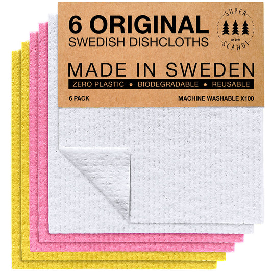 SUPERSCANDI Swedish Dishcloths Eco Friendly Reusable Sustainable Biodegradable Cellulose Sponge Cleaning Cloths for Kitchen Dish Rags Washing Wipes Paper Towel Replacement (6 Pack Assorted Colors)