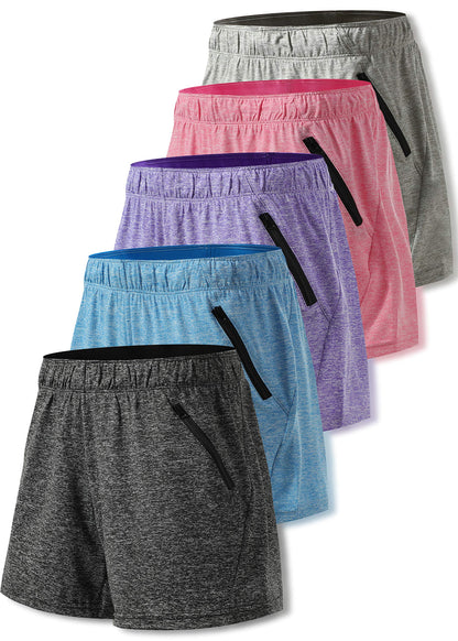 5 Pack: Womens Workout Gym Shorts Casual Lounge Set, Ladies Active Athletic Apparel with Zipper Pockets (Set 1, X-Large)