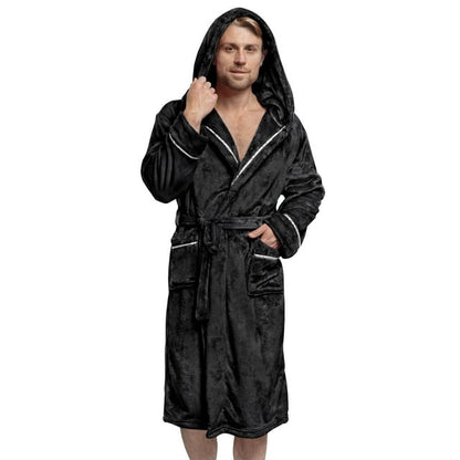 PAVILIA Mens Robe, Hooded Soft Robe for Men, Warm Bathrobe with Hood for Bath Shower Spa with Shawl Collar, Pockets, Satin Trim, Plush Fleece - Black