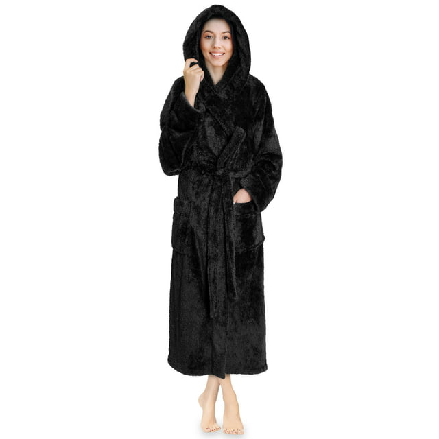 PAVILIA Women Hooded Plush Soft Robe | Fluffy Warm Fleece Sherpa Shaggy Bathrobe (S/M, Black)