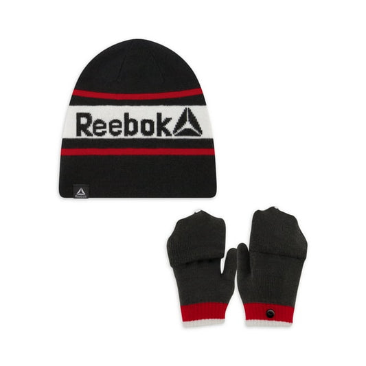 Reebok Boys Reversible Beanie with Pop Top Mittens Set