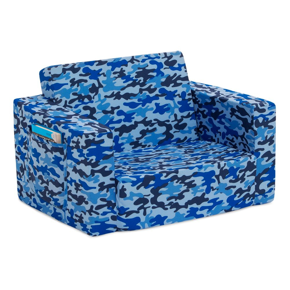 Delta Children Cozee Flip-Out Chair - 2-in-1 Convertible Chair to Lounger for Kids, Blue Camo