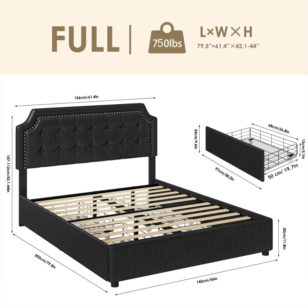 Homfa Full Storage Bed with 4 Drawers, PU Leather Platform Bed Frame with Adjustable Upholstered Headboard, Black