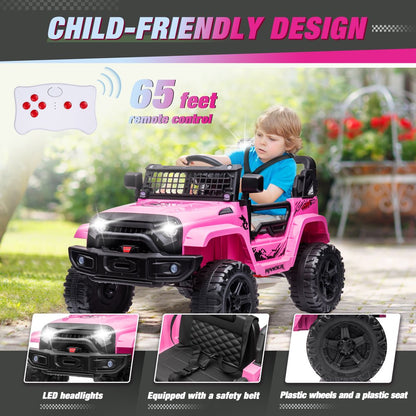 Clovercat 12V Ride On Toys Battery-Operated Jeep Car for Kids, Electric Powered Toy Truck, with Parent Remote Control, LED Lights, Bluetooth Music and Spring Suspension, Pink