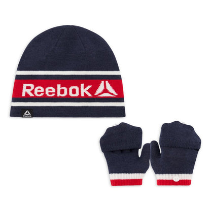 Reebok Boys Reversible Beanie with Pop Top Mittens Set