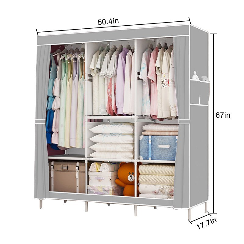 Clothes Organizer with 3 Hanging Rod Closet Organizer with Shelf Portable Closet with Cover Clothes Rack Standing Closet Clothes Storage Wardrobe Garment Cabinet 50x17x67inch