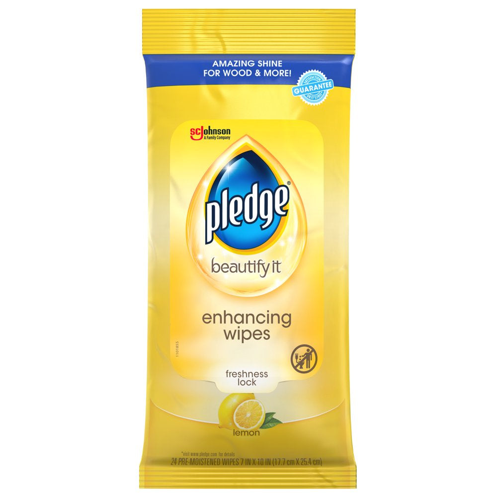 Pledge Beautify It Lemon Enhancing Wipes - Conveniently Dust, Clean and Shine Wood, Stainless Steel and More, 24Ct