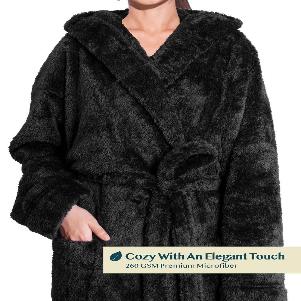 PAVILIA Women Hooded Plush Soft Robe | Fluffy Warm Fleece Sherpa Shaggy Bathrobe (S/M, Black)