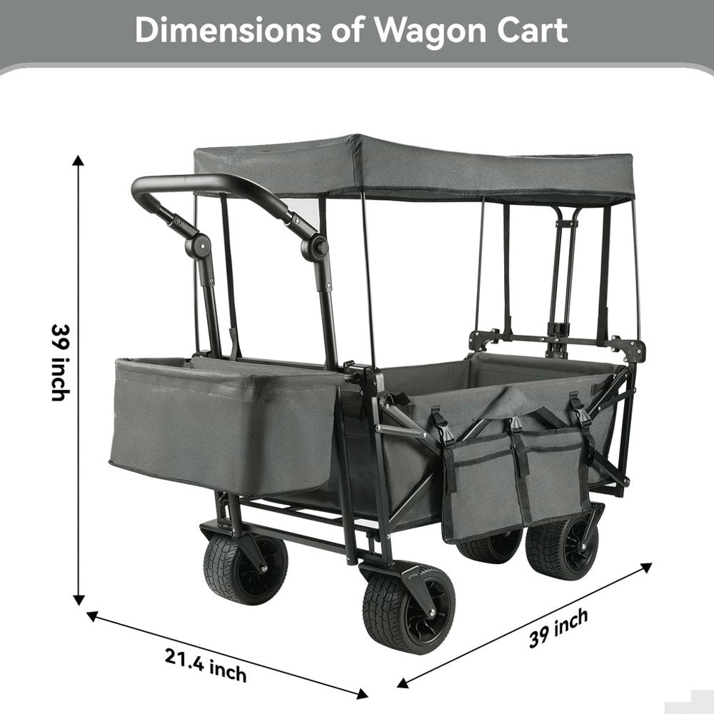 Collapsible Beach Wagon Cart with Removable Canopy, VECUKTY Foldable Wagon Utility Carts with Fat Wheels and Rear Storage, for Garden Camping Grocery Shopping Cart,Gray