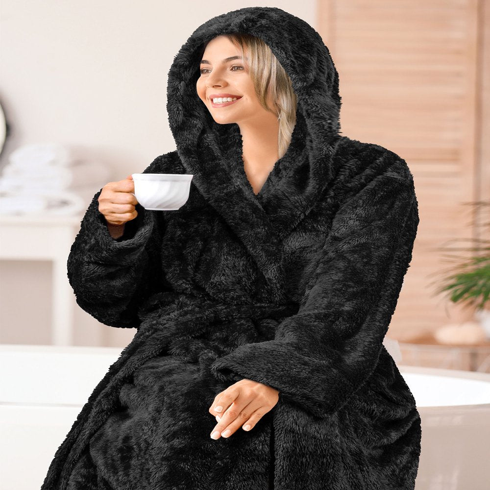 PAVILIA Women Hooded Plush Soft Robe | Fluffy Warm Fleece Sherpa Shaggy Bathrobe (S/M, Black)