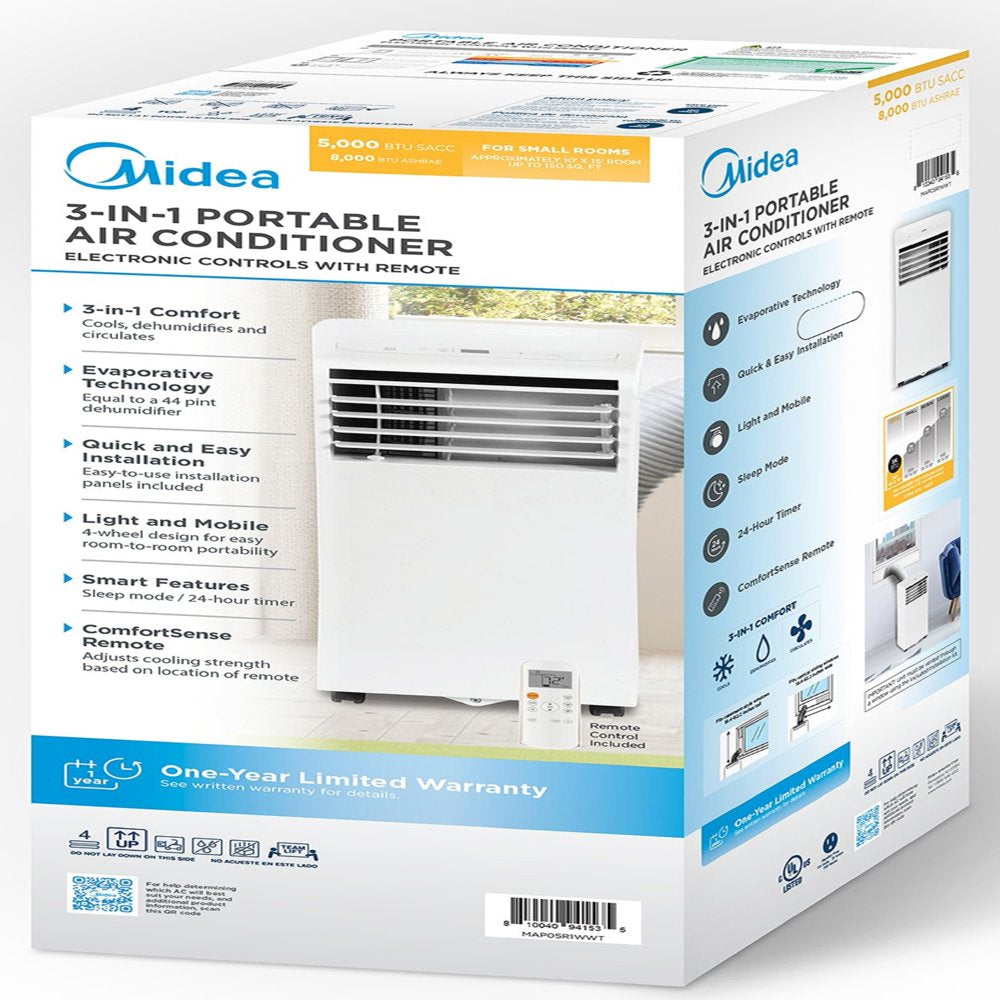 Midea 5,000 BTU (8,000 BTU ASHRAE) 115V Portable Air Conditioner with Comfort Sense Remote, Cools up to 150 Sq. Ft., MAP05R1WWT