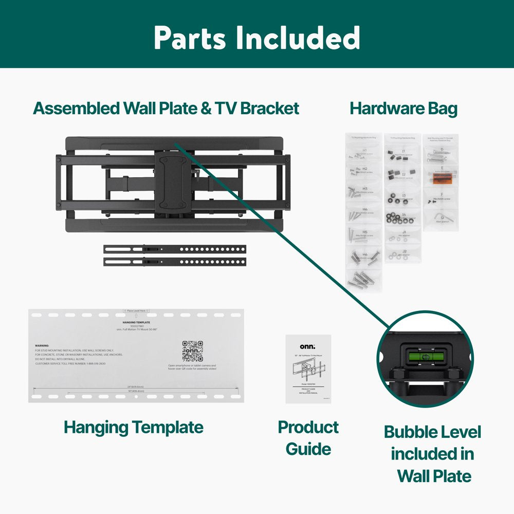 onn. Full Motion TV Wall Mount for 50" to 86" TVs, up to 15° Tilting