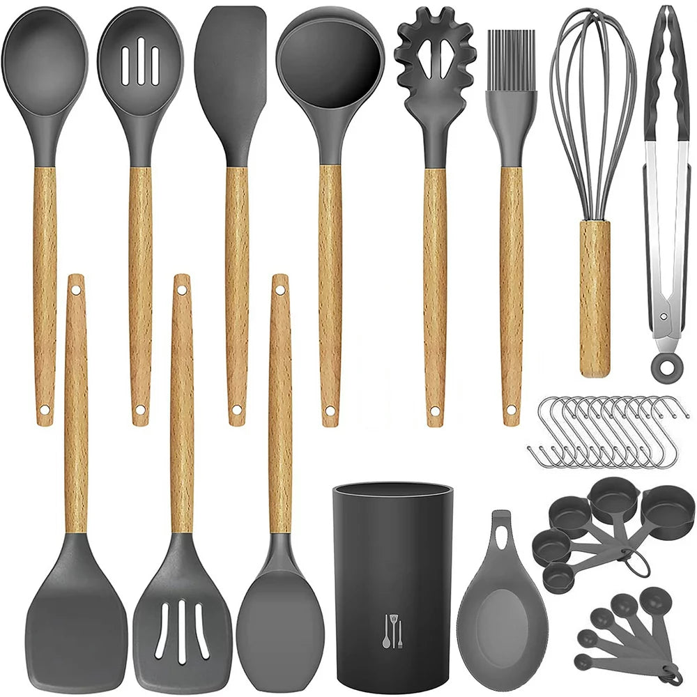 33 Pcs Silicone Kitchen Utensil Set, Cooking Utensils Set, Food Grade Silicone Spatula Set, Bpa-Free, 446°F Heat Resistant Kitchen Gadgets Tools Set with Wooden Handle for Non-Stick Cookware, Gray