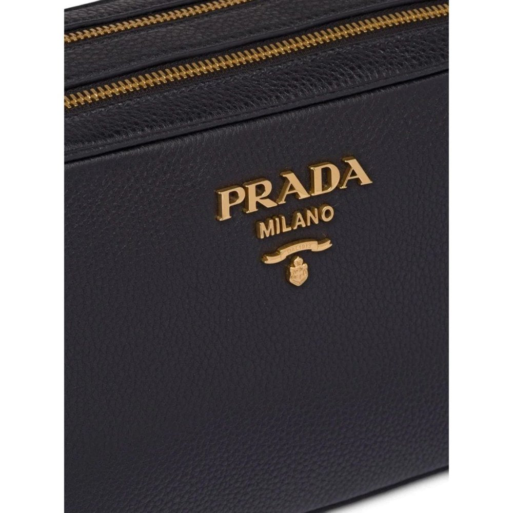 New Prada Black Vitello Phenix Leather Double Zip Cross Body Bag 1BH079