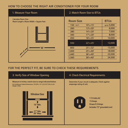 LG 12,000 BTU Window Air Conditioner, Cools 550 Sq.Ft. (22' X 25' Room Size), Quiet Operation, Electronic Control with Remote, 3 Cooling & Fan Speeds, ENERGY STAR®, Auto Restart, 115V