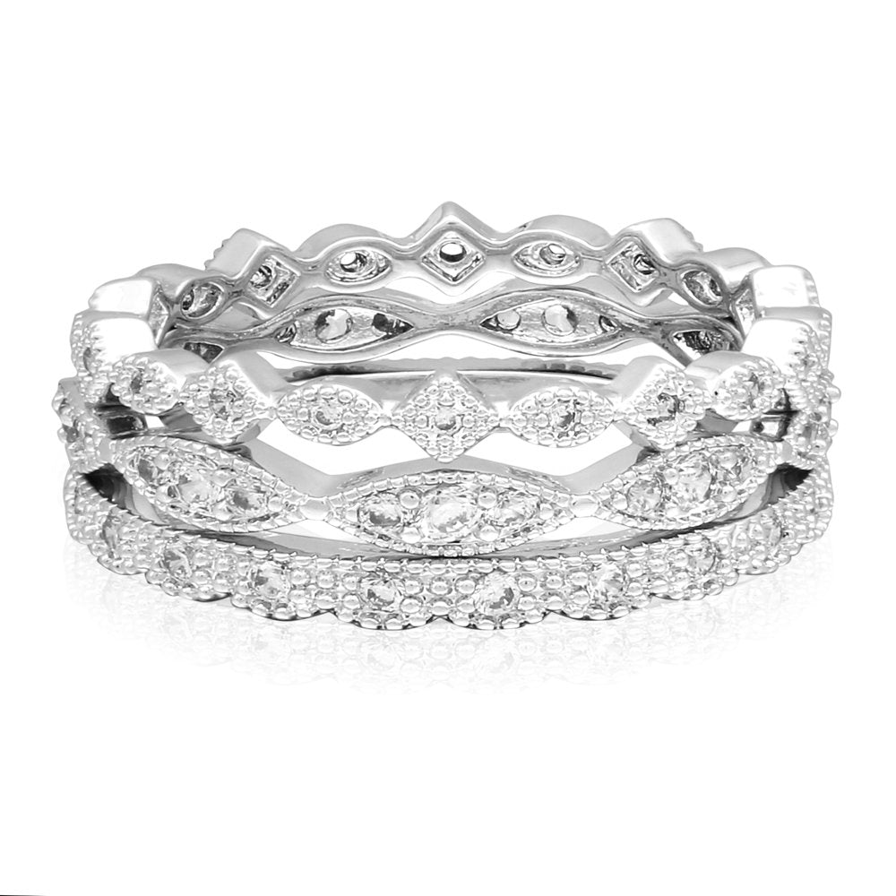 Women's Art Deco Style Fine Silver Plate Stackable Ring Set of 3 with AAA Cubic Zirconia Size 8 for Everyday Wear.