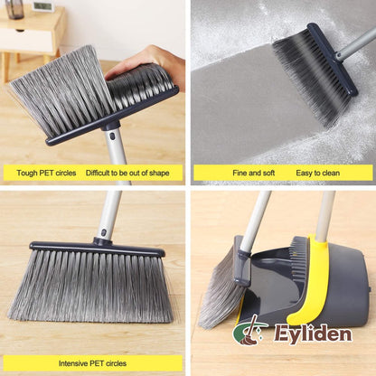 Eyliden Broom Plastic Dust Pan Set Bristles Light Weight 52" Broom Dark Grey