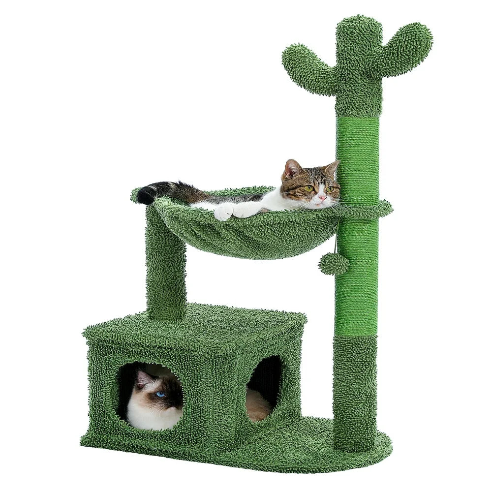 PAWZ Road Cactus Cat Tree Condo 39.4" with Hammock Perch, Cat Sisal Scratching Post for Indoor Kitty Medium Cats,Green