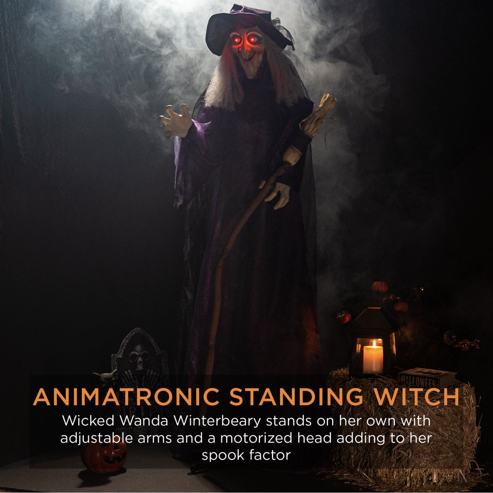  5ft Standing Witch, Wicked Wanda Poseable Halloween Animatronic w/ Pre-Recorded Phrases, LED Eyes