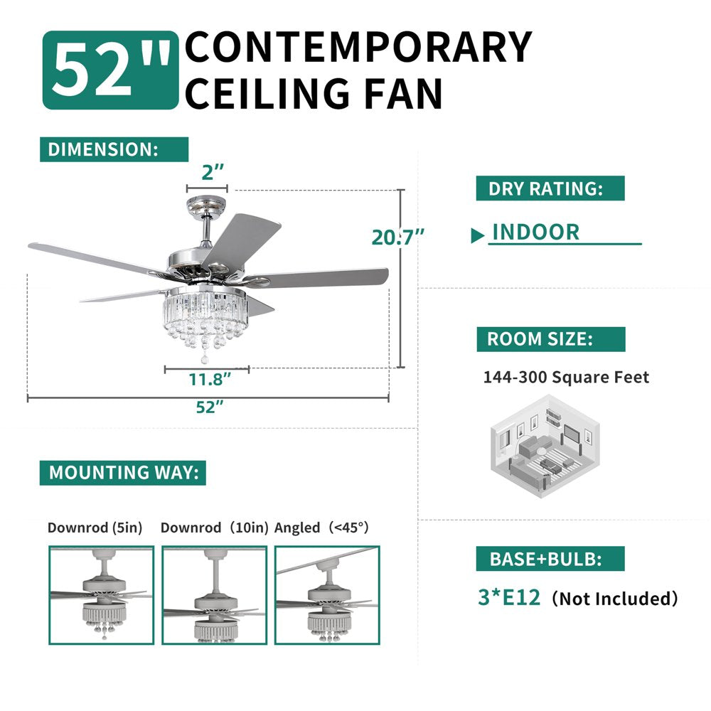 YITAHOME 52'' Chandelier Ceiling Fan with Remote, Crystal Fan Light, Indoor Fan Ceiling with 3 Speed, Silent Reversible Motor, Dual-Sided Blades, Chrome