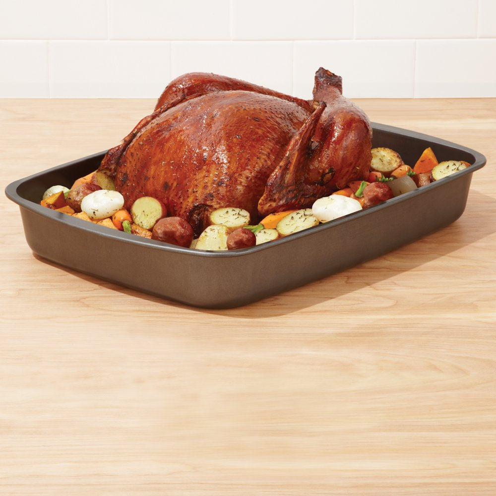  Nonstick Steel Roasting Pan and Rack Set, 2-Piece, 17.5" X 12.75" X 2.7", Gray