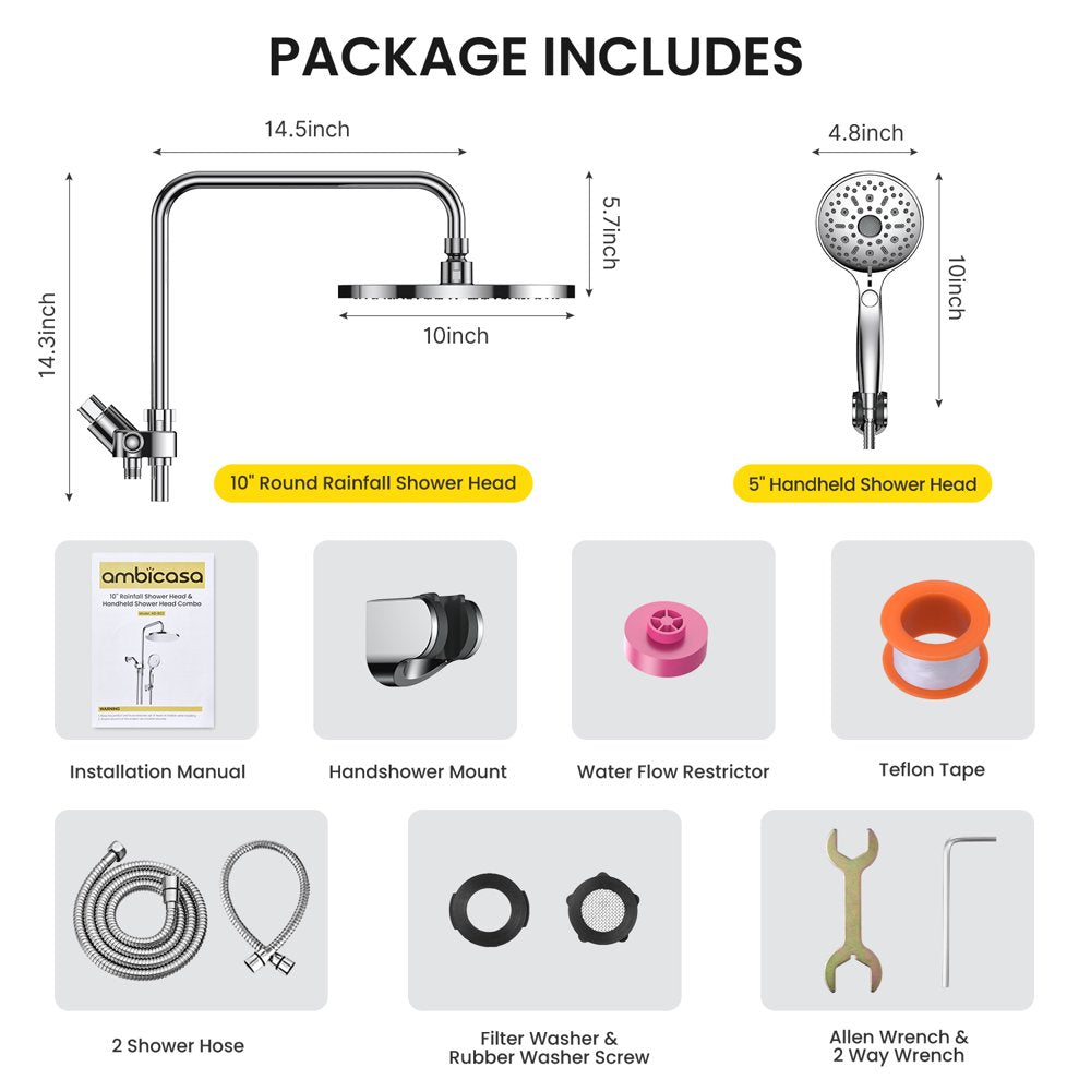 Ambicasa Luxury Dual Showerhead Combo, 10" Rainfall Shower Head & 5" Handheld High Pressure Shower Head