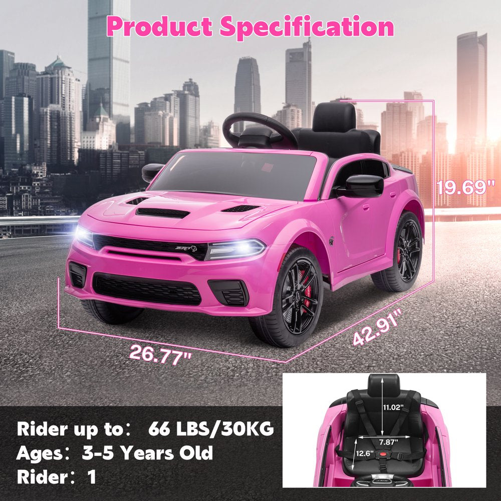 Dodge Electric Ride on Cars for Kids, 12 V Licensed Dodge Charger SRT Powered Ride On Toys Cars with Parent Remote Control, Electric Car for Girls 3-5 w/Music Player/LED Headlights/Safety Belt, Pink