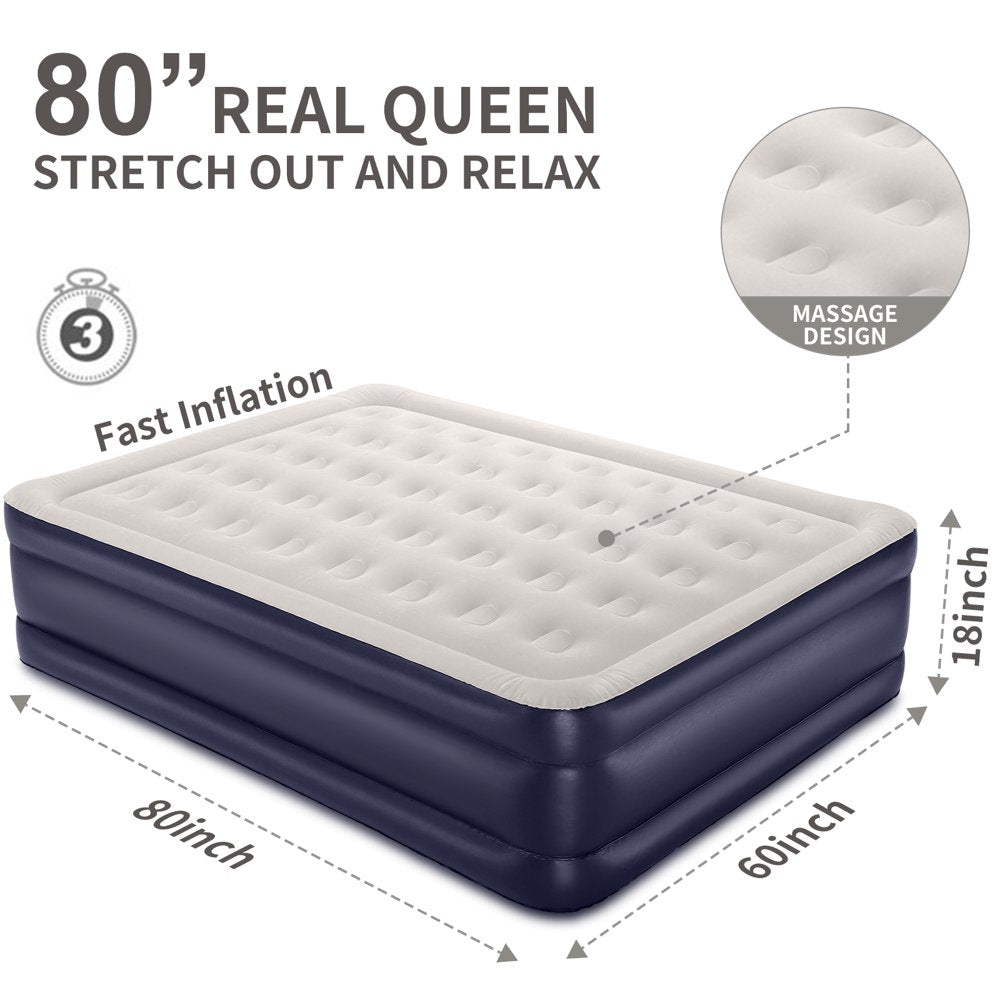 18 Inch Queen Size Air Mattress with Built-In Pump，Blue