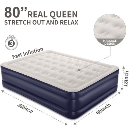 18 Inch Queen Size Air Mattress with Built-In Pump，Blue