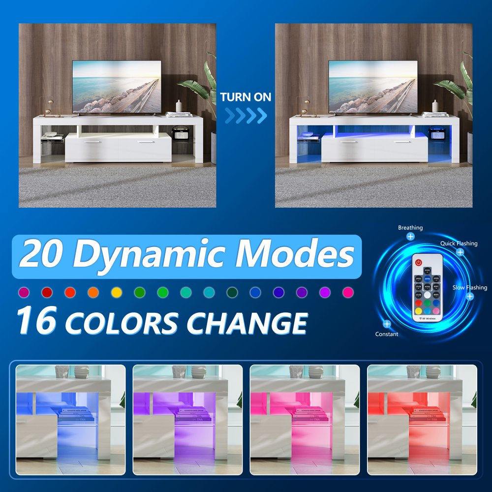 Uhomepro TV Stand for Tvs up to 70", Living Room Entertainment Center with RGB LED Lights and Storage Shelves Furniture, White High Gloss TV Cabinet Console Table