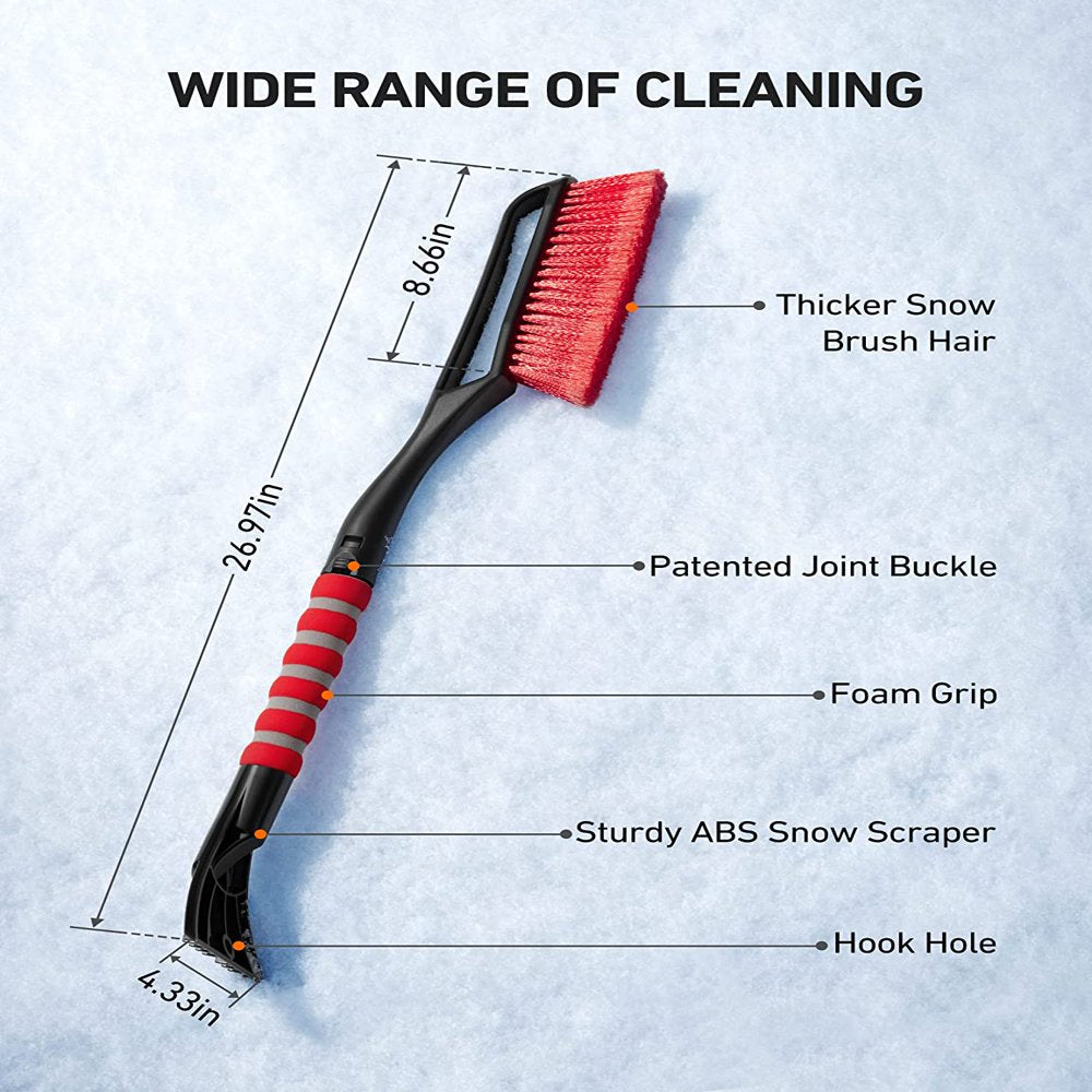 AstroAI Ice Scraper and Detachable Snow Brush for Cars, Snow Broom with Foam Grip, Red, 1 Pack