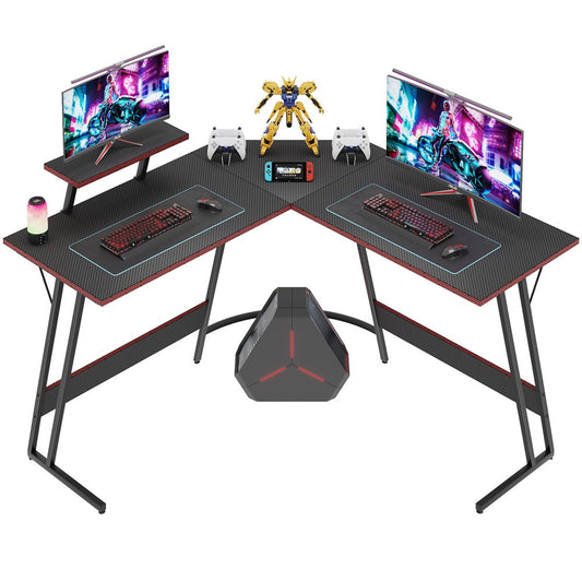 L-Shaped Gaming Desk 51 Inches Corner Office Desk with Removable Monitor Riser, Black