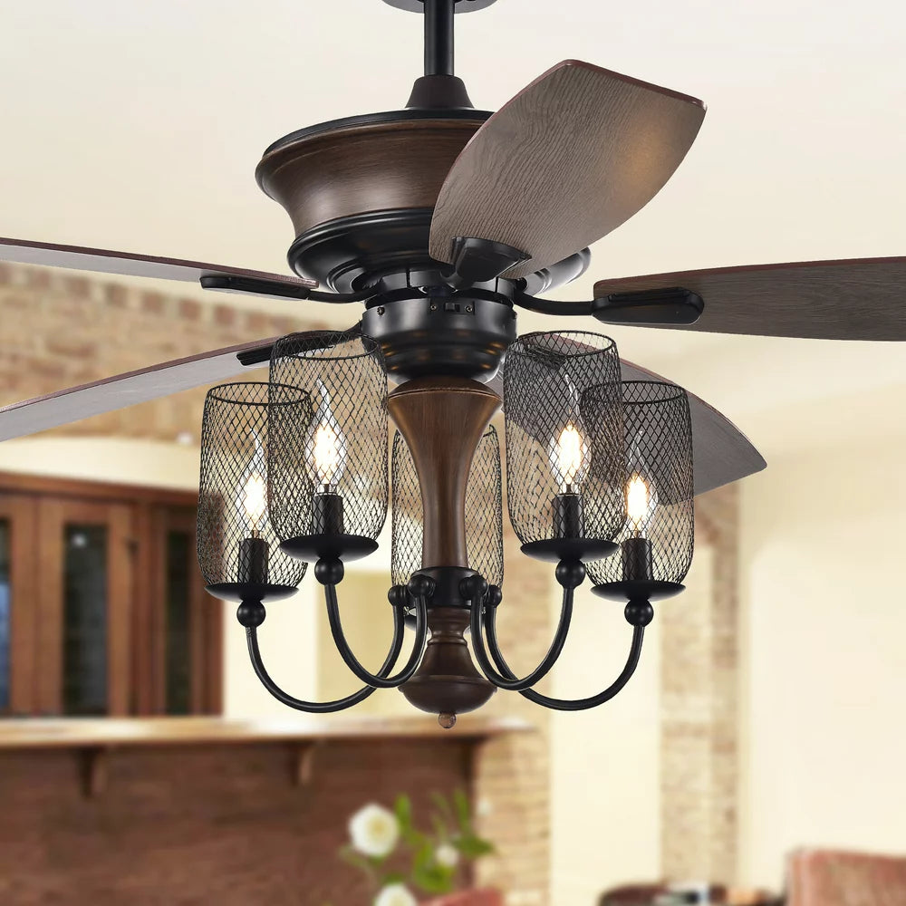 Slatin 52-Inch 5-Light Lighted Ceiling Fan with Mesh Shade Candelabra Chandelier Remote Controlled