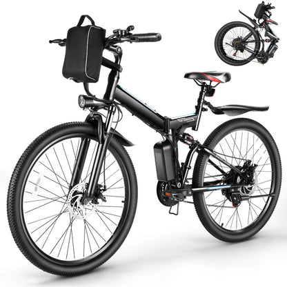 Gocio 26 In. Electric Bike for Adults, 500W Folding Electric Mountain Bicycle Max 50Miles, Full Suspension, 48V Foldable E-Bike with Removable 374.4Wh Lithium-Ion Battery Electric City Bike