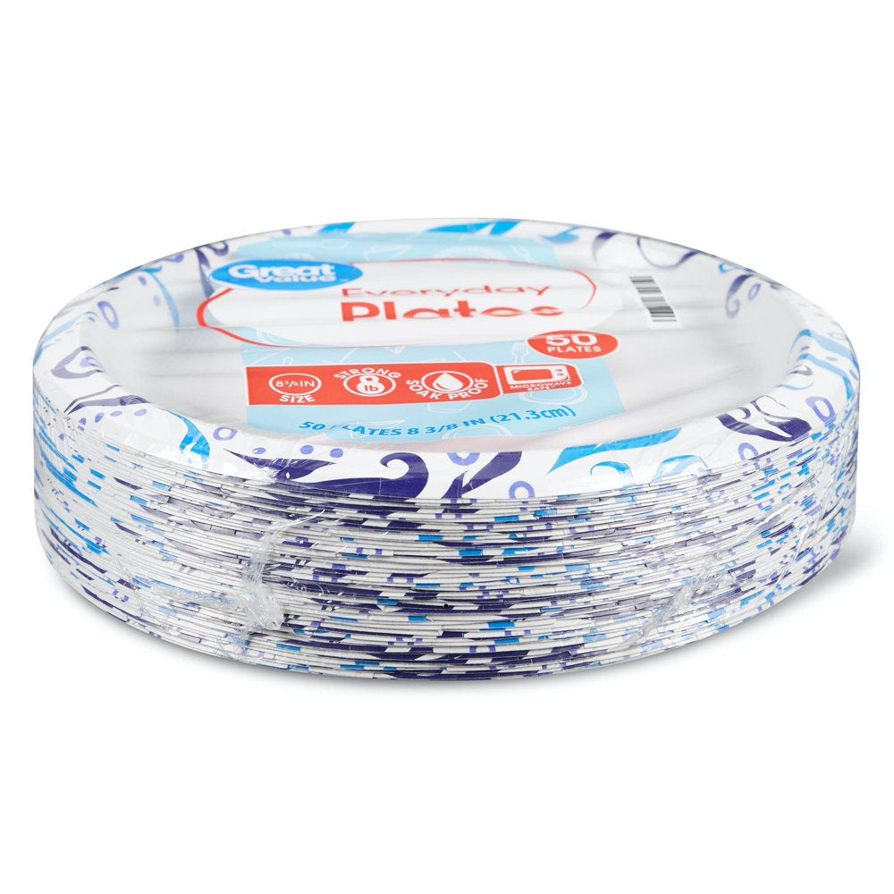 Great Value Everyday Strong, Soak Proof, Microwave Safe, Disposable Paper Plates, 8.5", Patterned, 50 Count