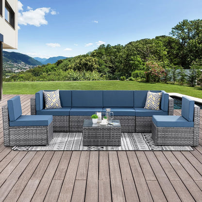 Walsunny 5 Pieces Patio Furniture Sets, Wicker Rattan Outdoor Sectional Sofa with Glass Table and Cushions