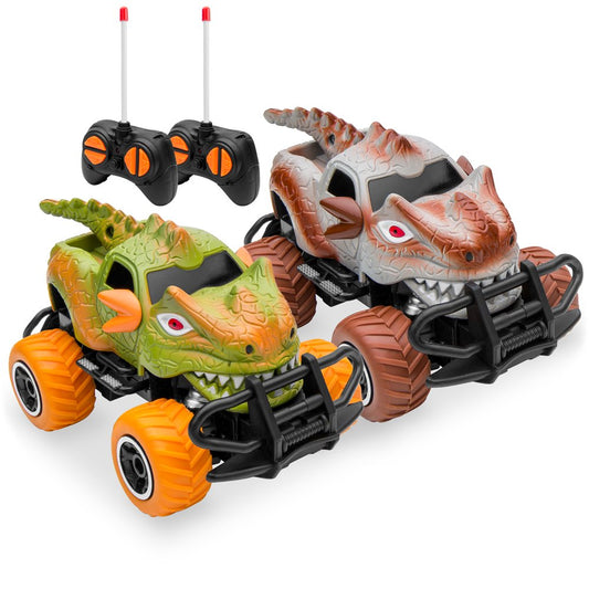 Best Choice Products Set of 2 1/43 Scale 27MHz Toy Dinosaur RC Cars w/ 2 Controllers, 9mph Max Speed