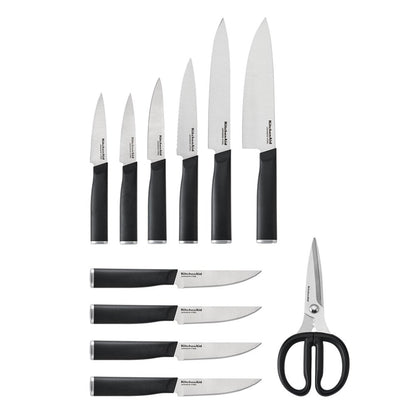 KitchenAid Classic Japanese Steel 12-Piece Knife Block Set with Built-in Knife Sharpener, Black