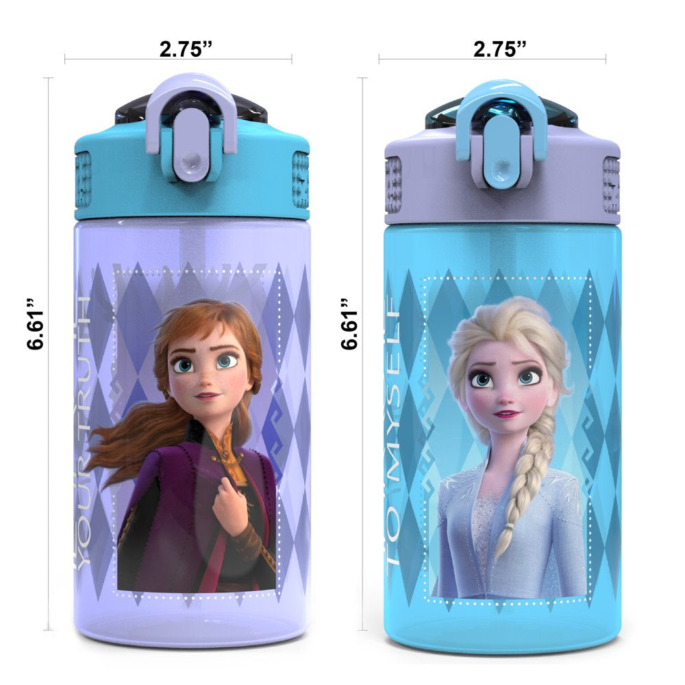 Zak Designs 2pc 16 oz Disney Kids Water Bottle Plastic with Push-Button Spout and Locking Cover, Frozen Anna Elsa