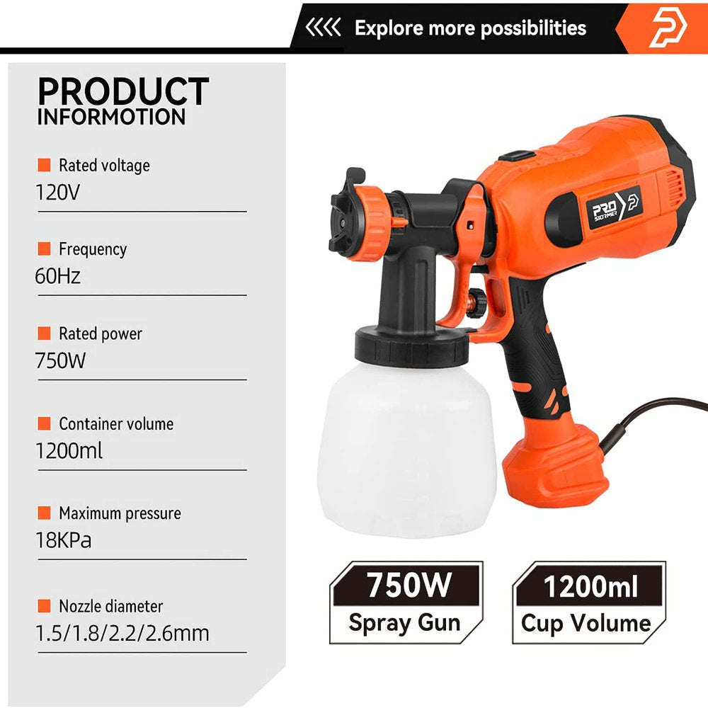 750W Spray Gun, 4 Nozzles High Power HVLP Paint Sprayer, 1200ml Container, Easy Spraying and Cleaning for DIY/Home improvement/Wall Painting by PROSTORMER