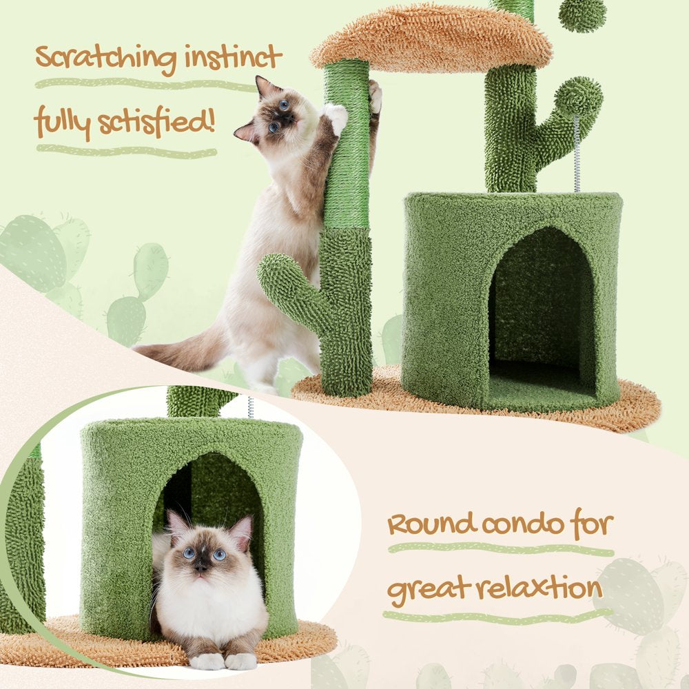 PAWZ Road 32" Cat Tree Tower with Cactus Sisal Scratching Posts Condo Perch for Indoor Small Cats, Green