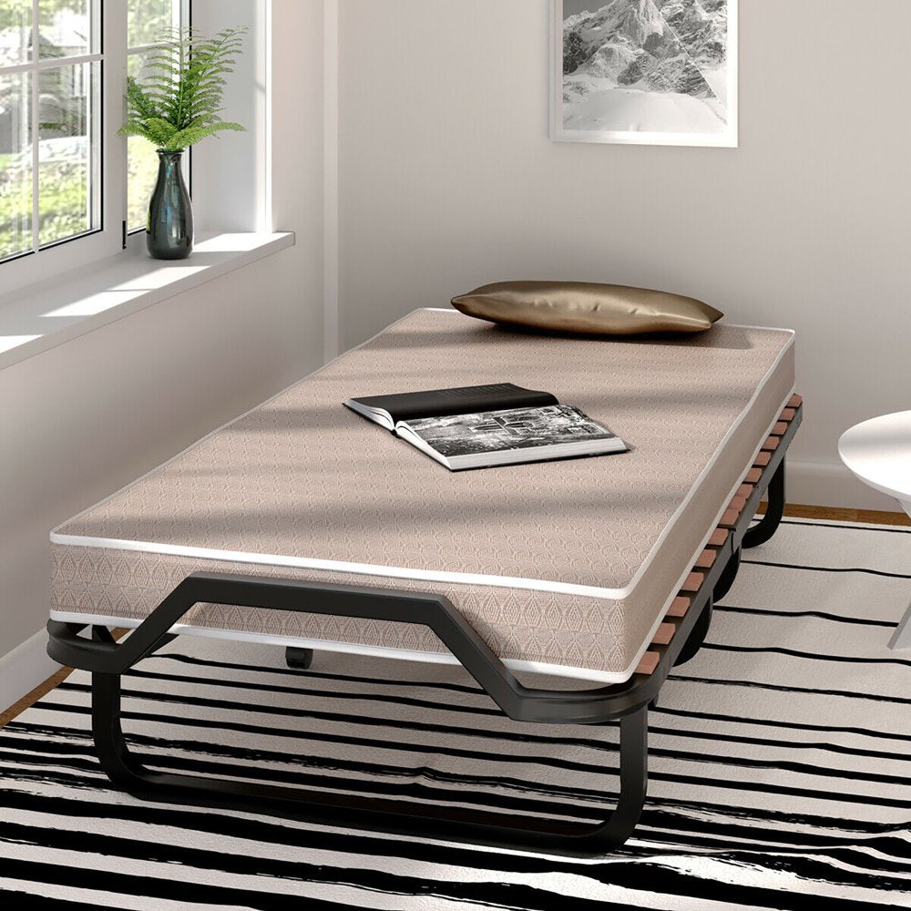 Gymax Folding Bed w/ Memory Foam Mattress Rollaway Metal Guest Bed Sleeper Made in Italy