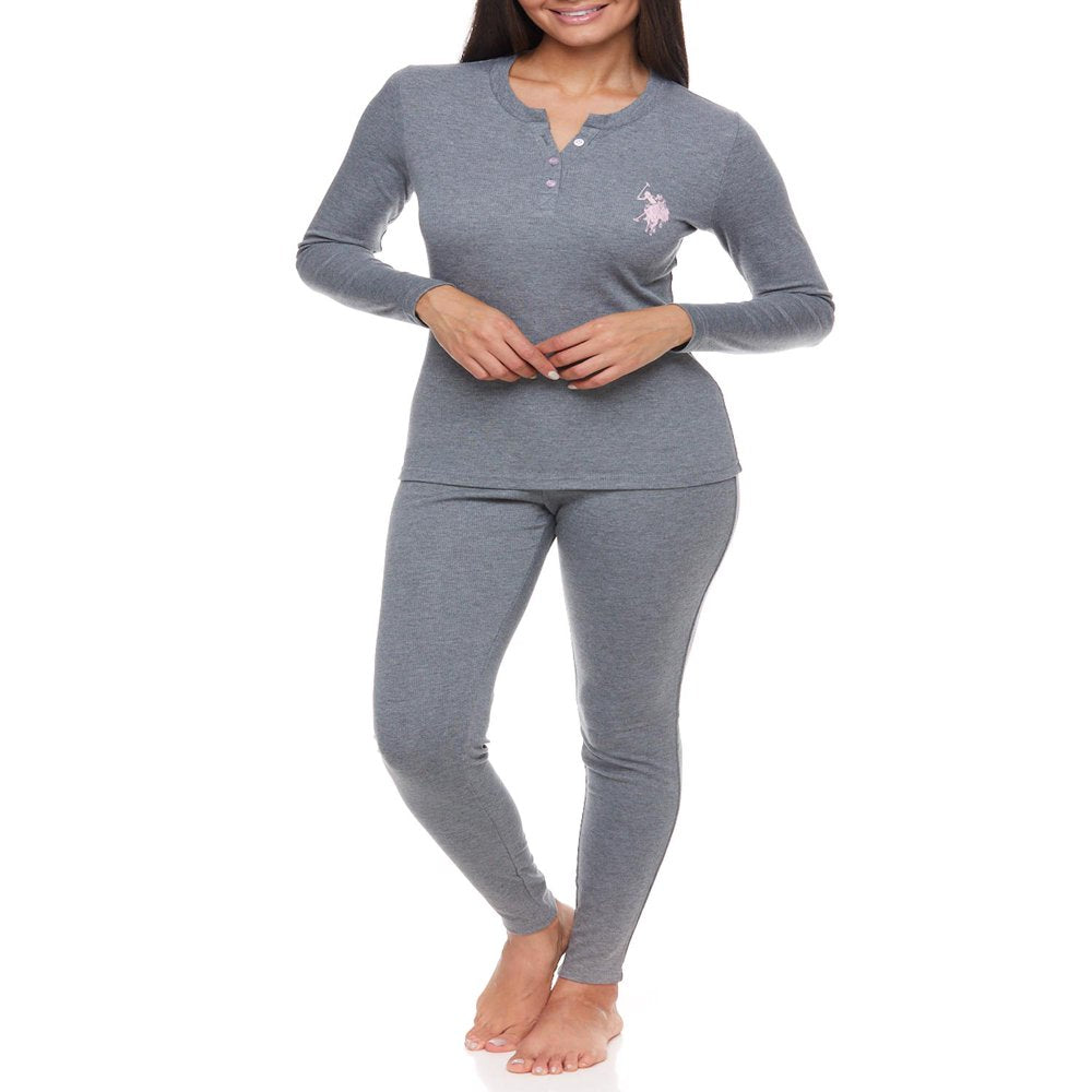 U.S. Polo Assn. Women's Ribbed Henley Long Underwear Thermal Set, 2-Piece Set